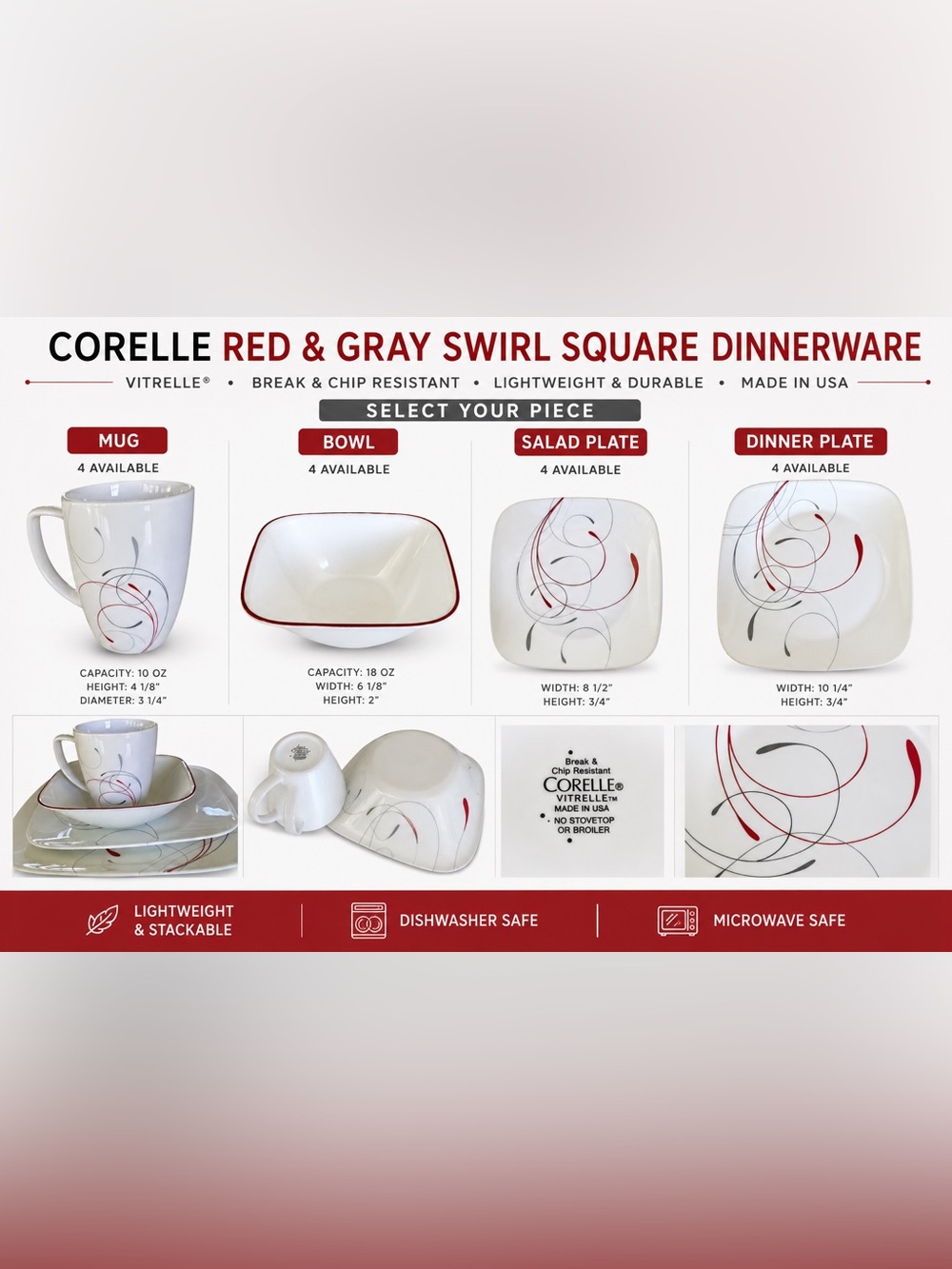 Corelle Square Swirl Dinnerware Set for 4 Red Gray 16 Pc